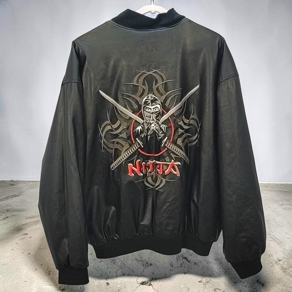 VTG Y2K Steve & Barry's Ninja Varsity Bomber Jacket Large Men Black Faux Leather - Picture 3 of 9
